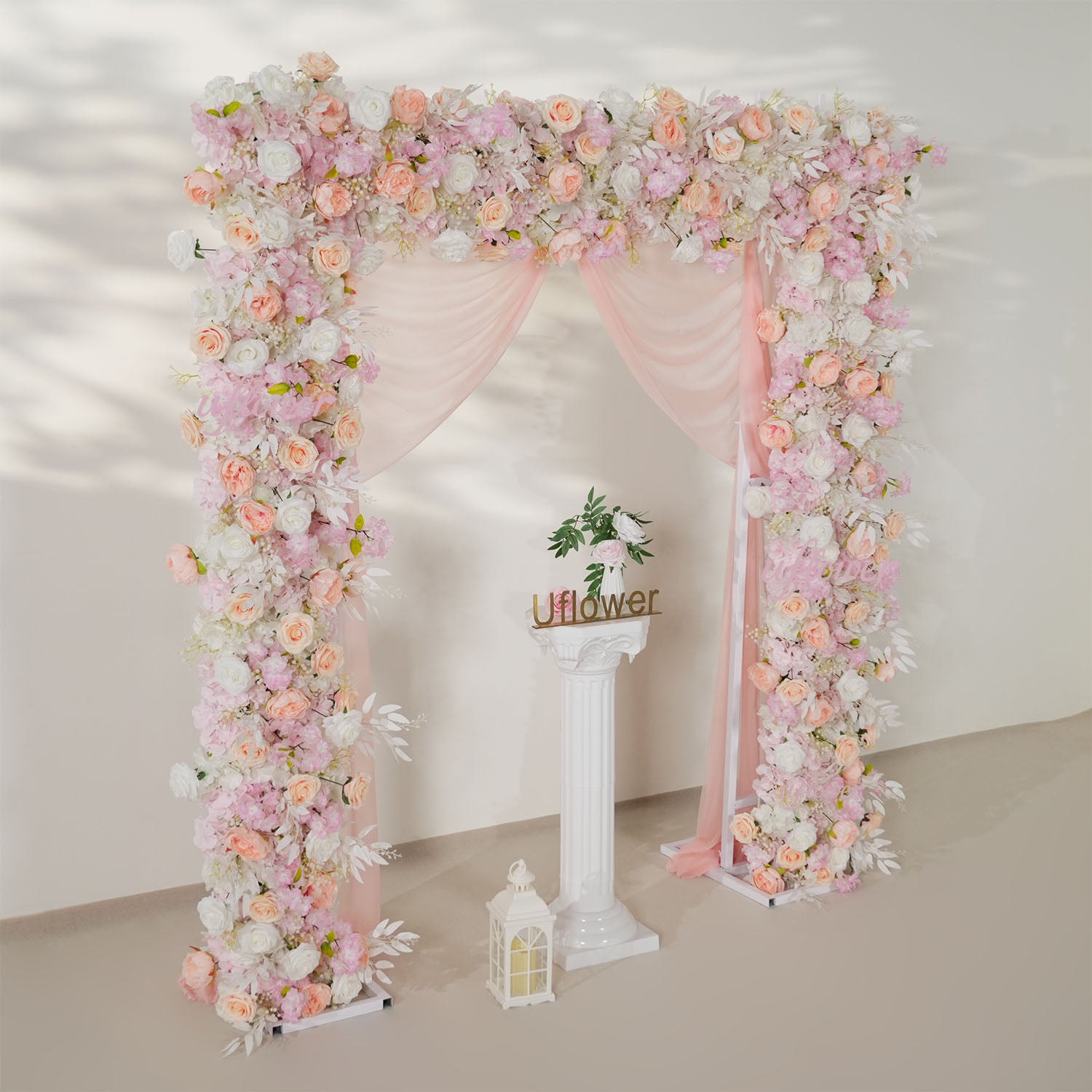 Uflower Pink White Rose Floral Square Arch Wedding Party Backdrop Decoration